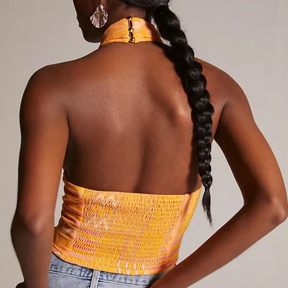 38. Eva Franco Anthropologie Citrus Yellow Knit Summer Wrap Halter Top - Picture 3 of 6